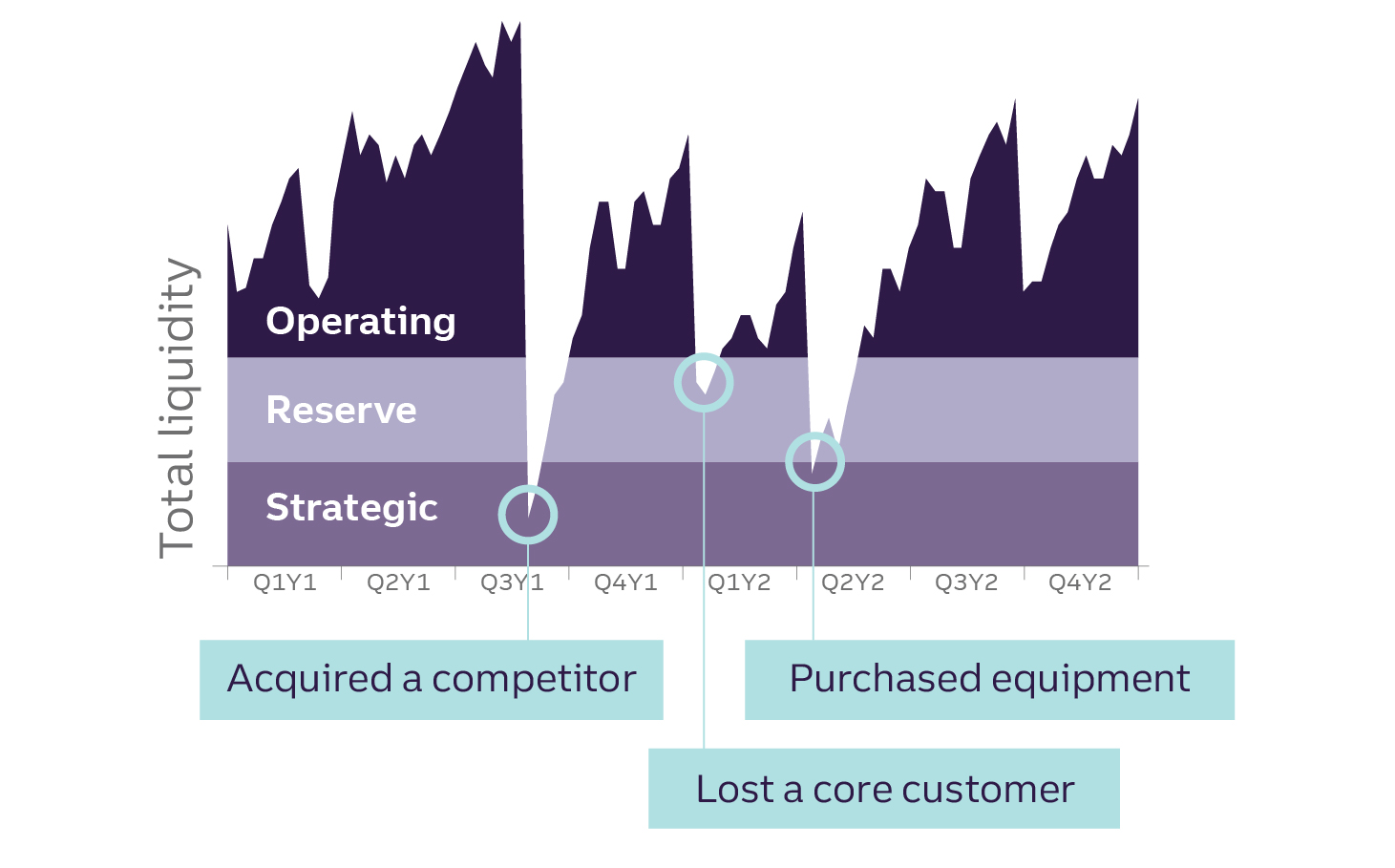 a graph showing total liquidity by time horizon and purpose: acquired a competitor; lost core customer; purchased equipment