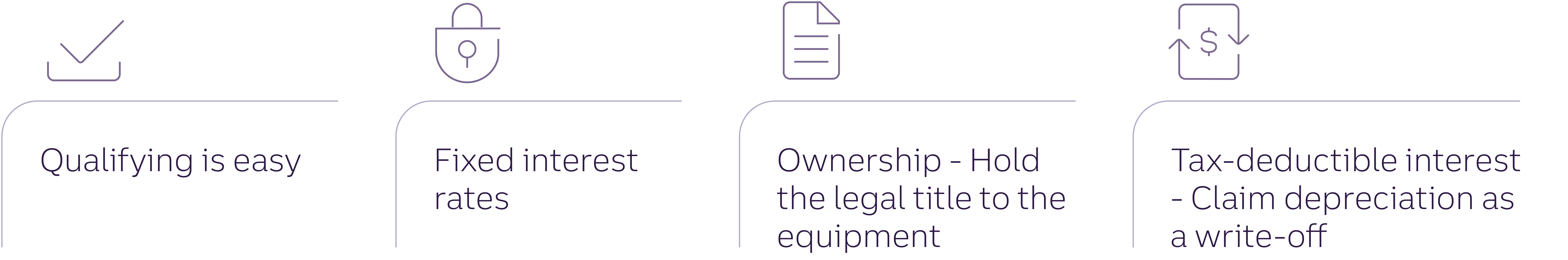 [checkmark] Qualifying is easy [lock] Fixed interest rates [paper] Ownership – Hold the legal title to the equipment [money] Tax-deductible interest – Claim depreciation as a write-off