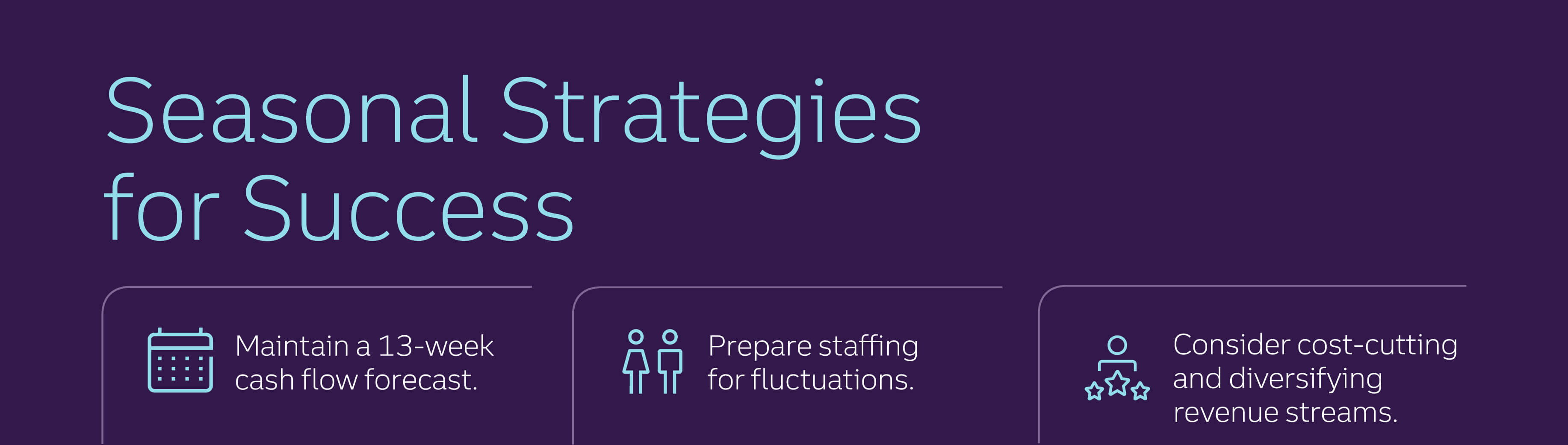 Seasonal Strategies for Success Maintain a 13-week cash flow forecast. Prepare staffing for fluctuations. Consider cost-cutting and diversifying revenue streams.