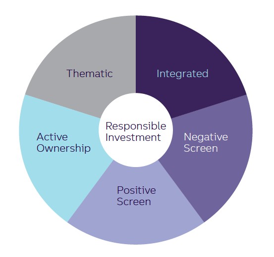 Responsible investment: Thematic, Integrated, Negative Screen, Positive Screen, Active Ownership.