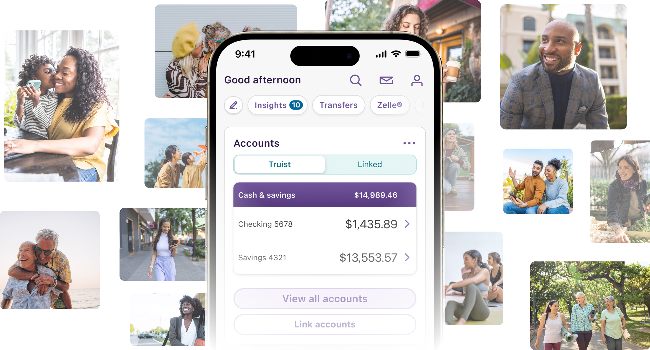 Image of the Truist mobile app surrounded by lifestyle images