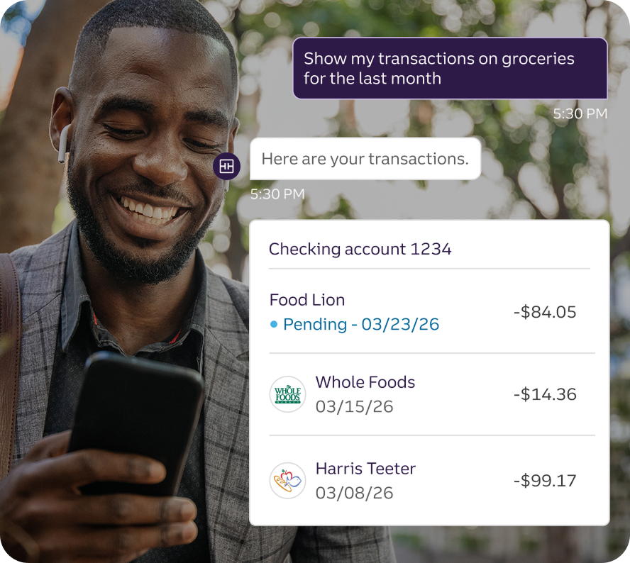 Young man using Truist assist to show his grocery transactions for the last month.