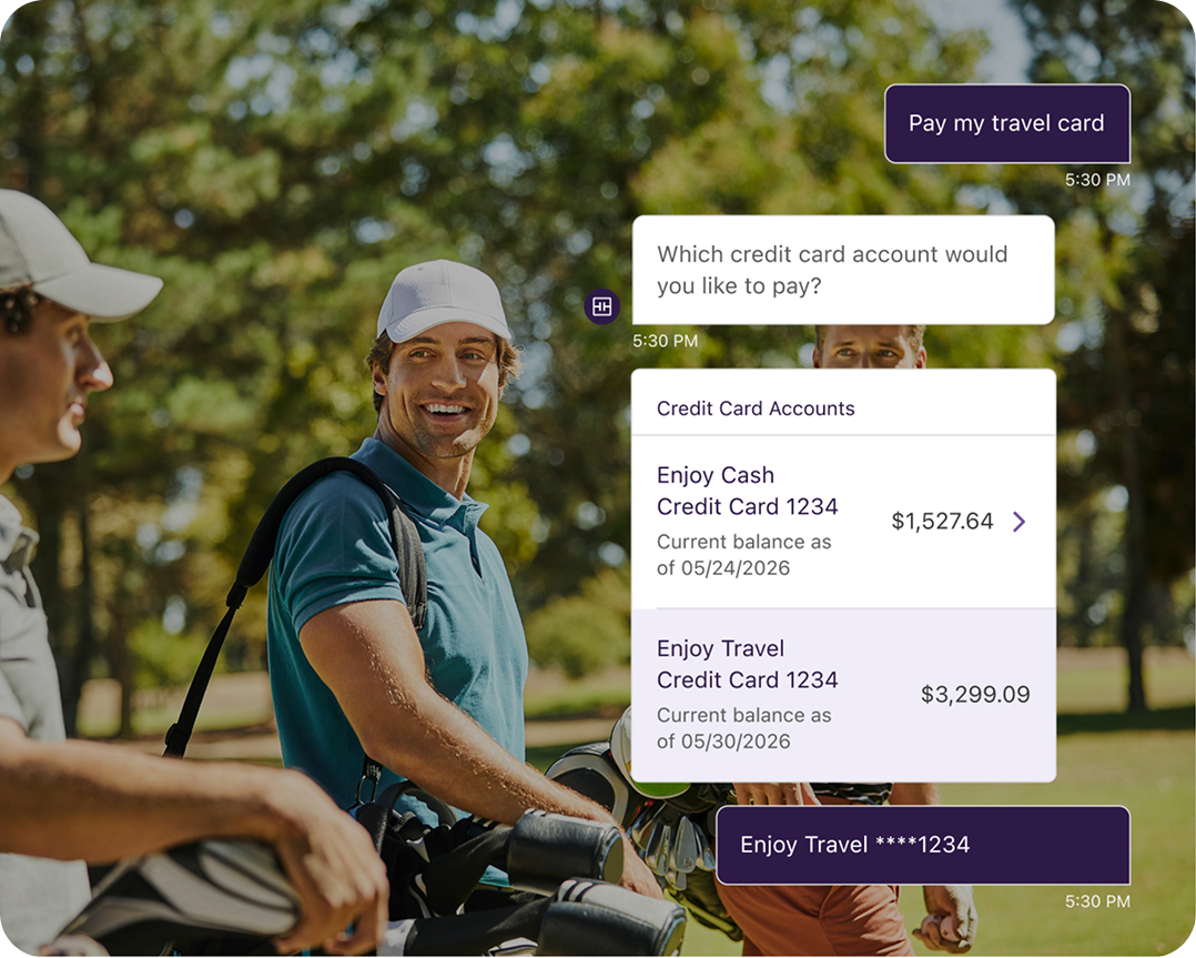 Image of man paying his credit card using Truist assist while on a golf trip.