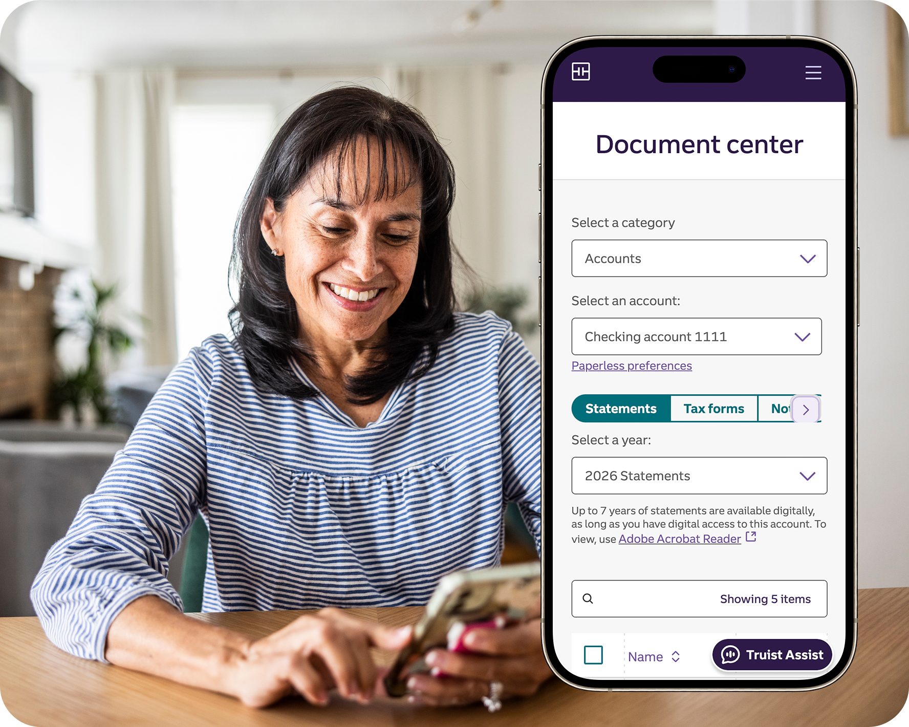 Image of woman looking at phone with an overlay of document center in the truist mobile app.