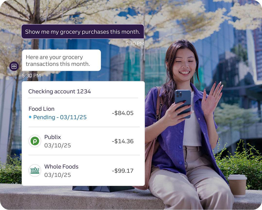 Image of girl asking Trust assist to show her grocery purchases for the month.